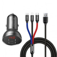 АЗУ Baseus Digital Display Dual USB 4.8A Car Charger 24W with Three Primary Colors 3-in-1 Cable USB