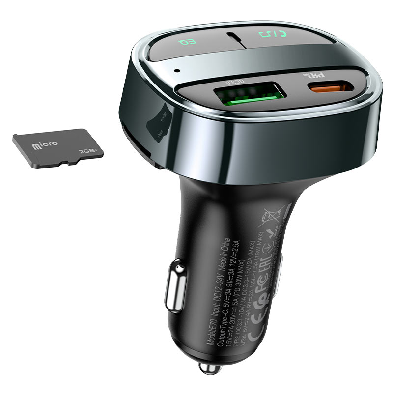 АЗУ FM модулятор Hoco E70 PD30W+QC3.0 (1USB-A/1C) (Черный)