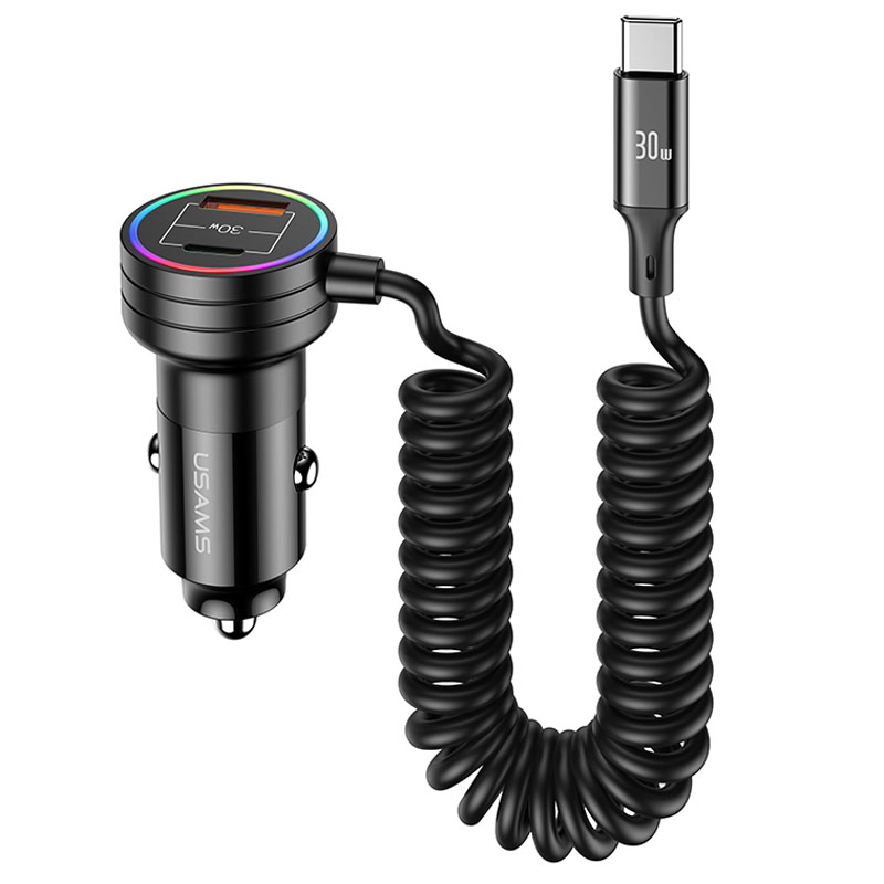 АЗП Usams US-CC167 C33 60W with Spring Cable (Black)