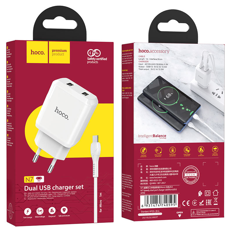 СЗУ HOCO N7 (2USB/2,1A) + USB - MicroUSB Белый в магазине onecase.com.ua