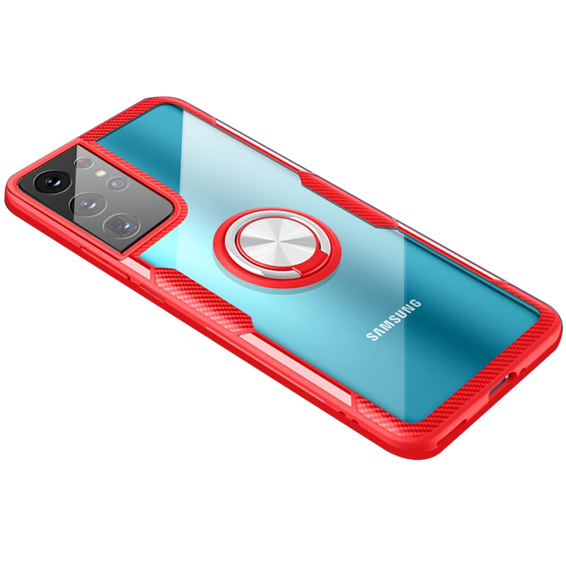 TPU+PC чехол Deen CrystalRing for Magnet (opp) для Samsung Galaxy S21 Ultra (Бесцветный / Красный)