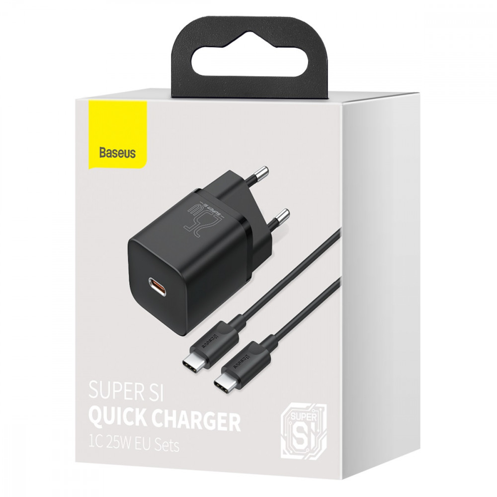 Заказать СЗУ Baseus Super Silicone PD Charger 25W (Type-C) + Type-C to Type-C Cable 3A (1m) Black на onecase.com.ua