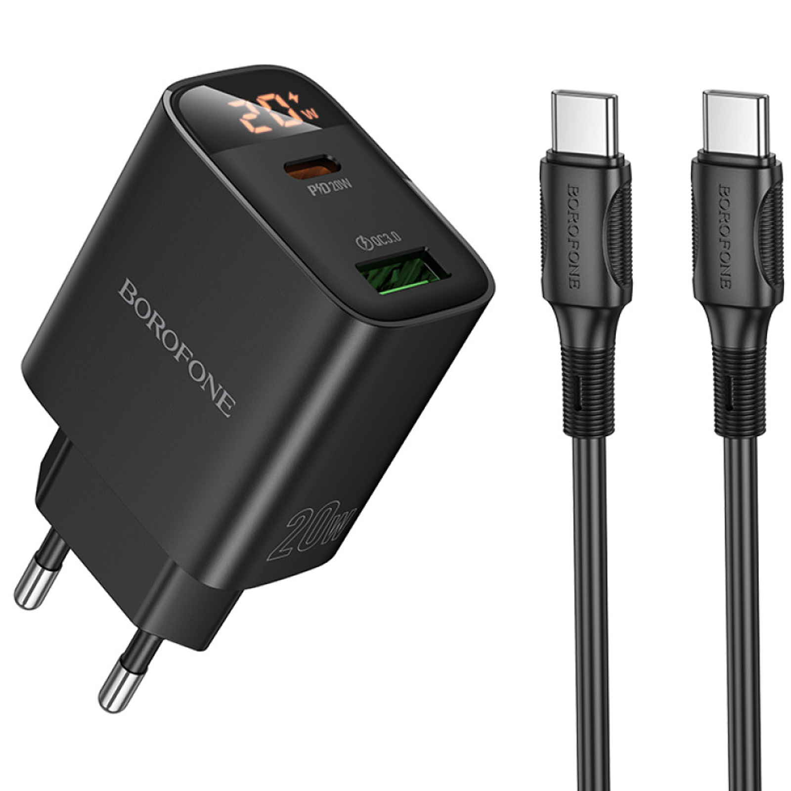 СЗУ Borofone BA96A Ilustre with digital display PD20W+QC3.0 (1USB-A/1C) + кабель Type-C to Type-C (Black)