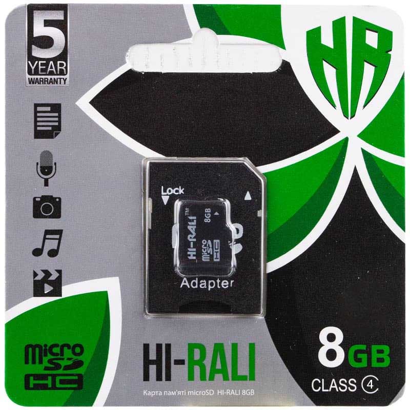 Карта памяти Hi-Rali microSDHC 8 GB Card Class 4 + SD adapter (Черный)