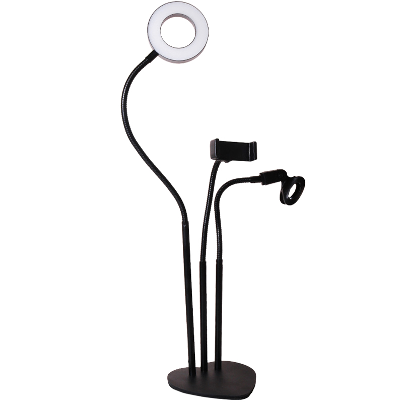 Кольцевая LED лампа с 2 держателями + зажим для микрофона, 9 см (Черный)