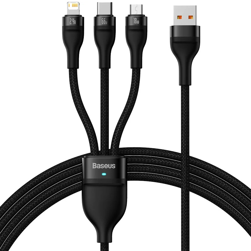 Дата кабель Baseus Flash Series 2 USB to MicroUSB-Lightning-Type-C 66W (1.2m) (CASS04000) (Black)