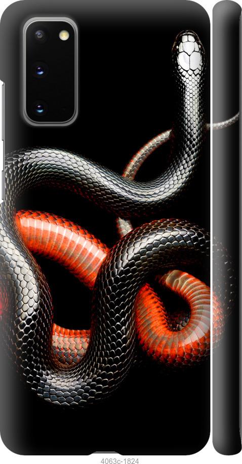 Чехол на Samsung Galaxy S20 Красно-черная змея на черном фоне