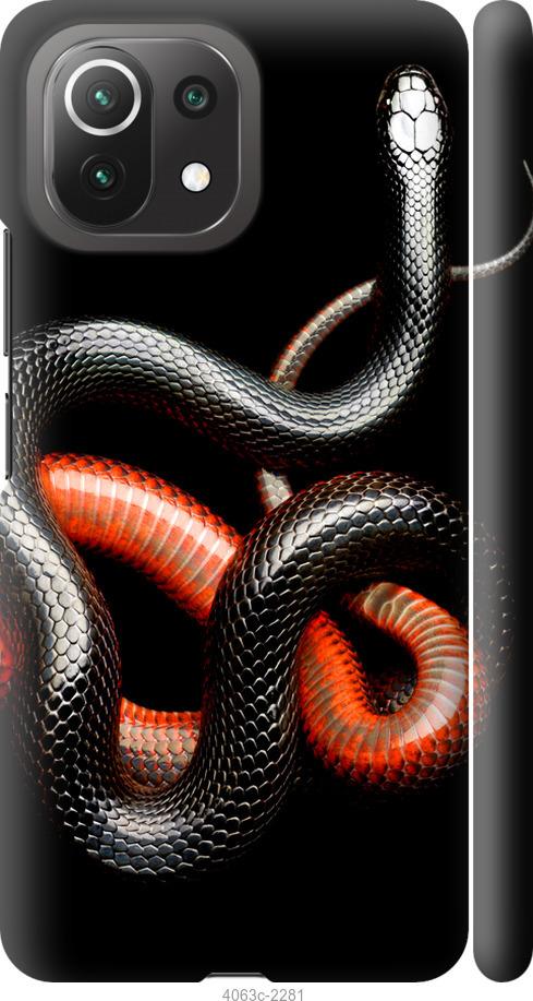 Чехол на Xiaomi Mi 11 Lite Красно-черная змея на черном фоне