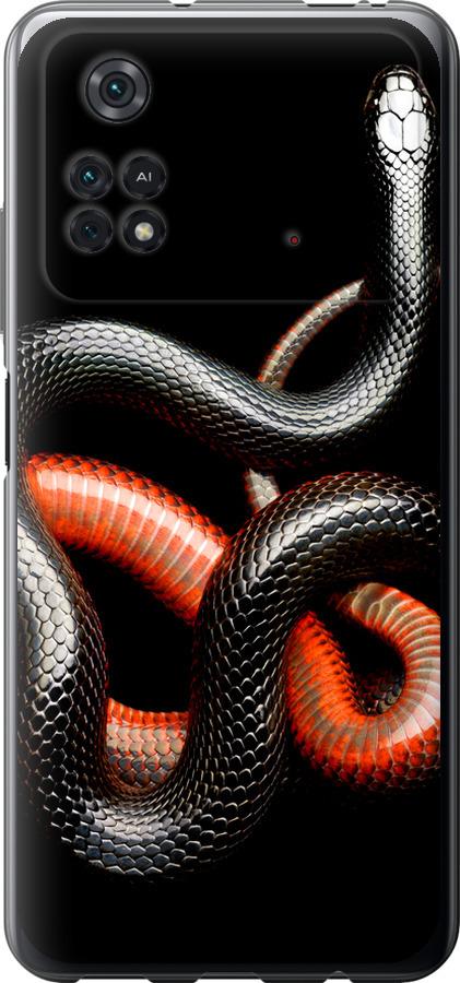 Чехол на Xiaomi Poco M4 Pro Красно-черная змея на черном фоне