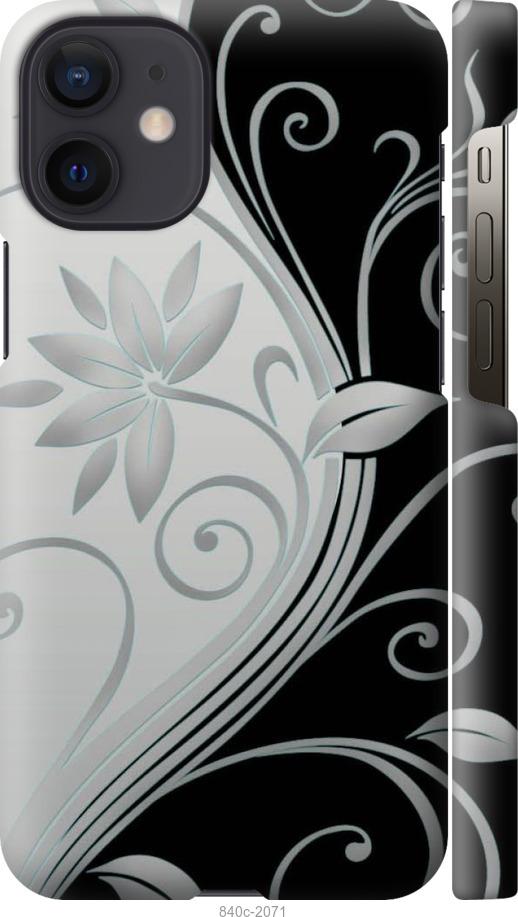 Чехол на iPhone 12 Mini Цветы на чёрно-белом фоне