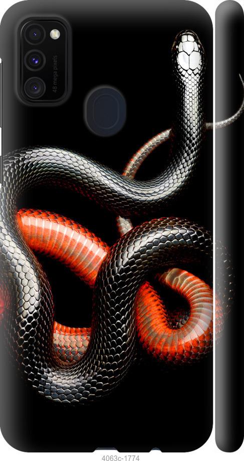 Чехол на Samsung Galaxy M30s 2019 Красно-черная змея на черном фоне