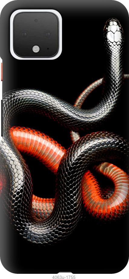 Чехол на Google Pixel 4 Красно-черная змея на черном фоне