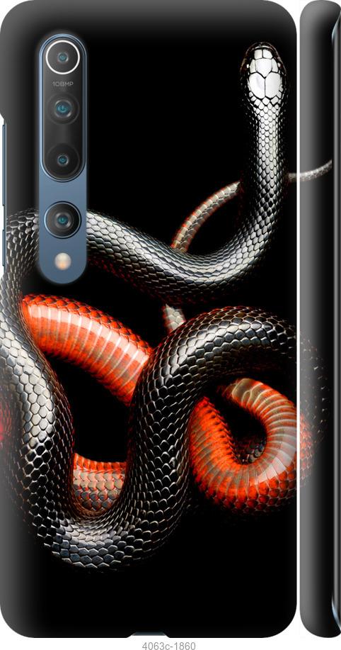 Чехол на Xiaomi Mi 10 Красно-черная змея на черном фоне