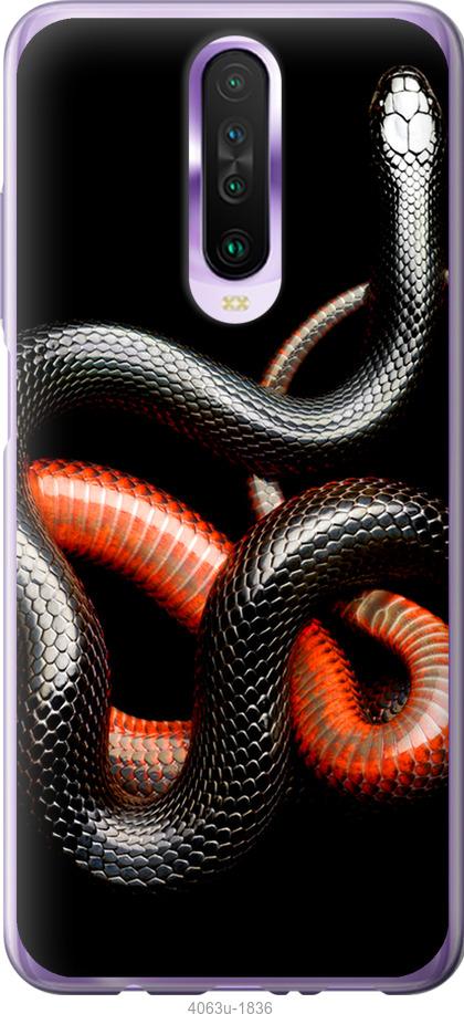 Чехол на Xiaomi Redmi K30 Красно-черная змея на черном фоне