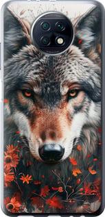Чехол на Xiaomi Redmi Note 9T Wolf and flowers