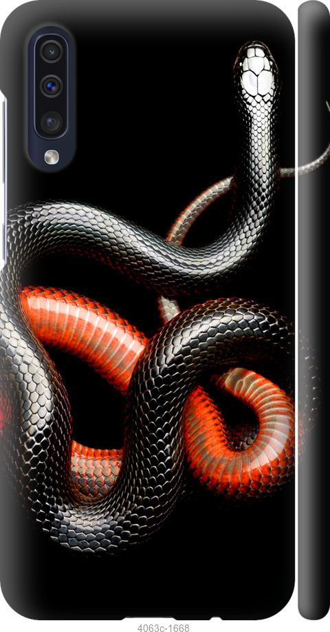 Чехол на Samsung Galaxy A50 2019 A505F Красно-черная змея на черном фоне