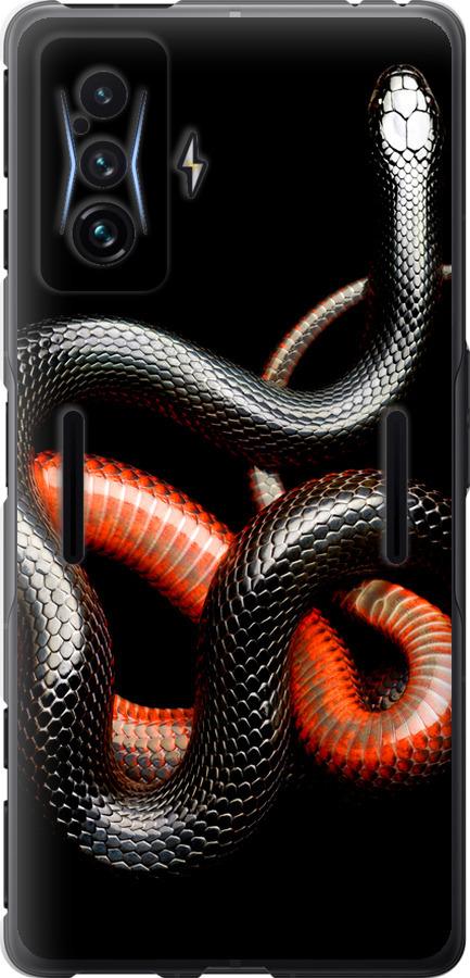 Чехол на Xiaomi Poco F4 GT Красно-черная змея на черном фоне