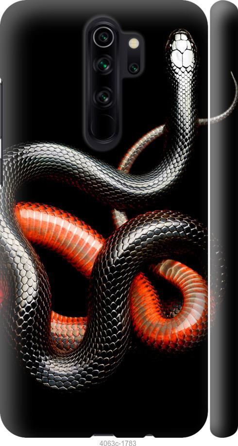 Чехол на Xiaomi Redmi Note 8 Pro Красно-черная змея на черном фоне