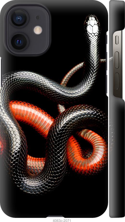 Чехол на iPhone 12 Mini Красно-черная змея на черном фоне
