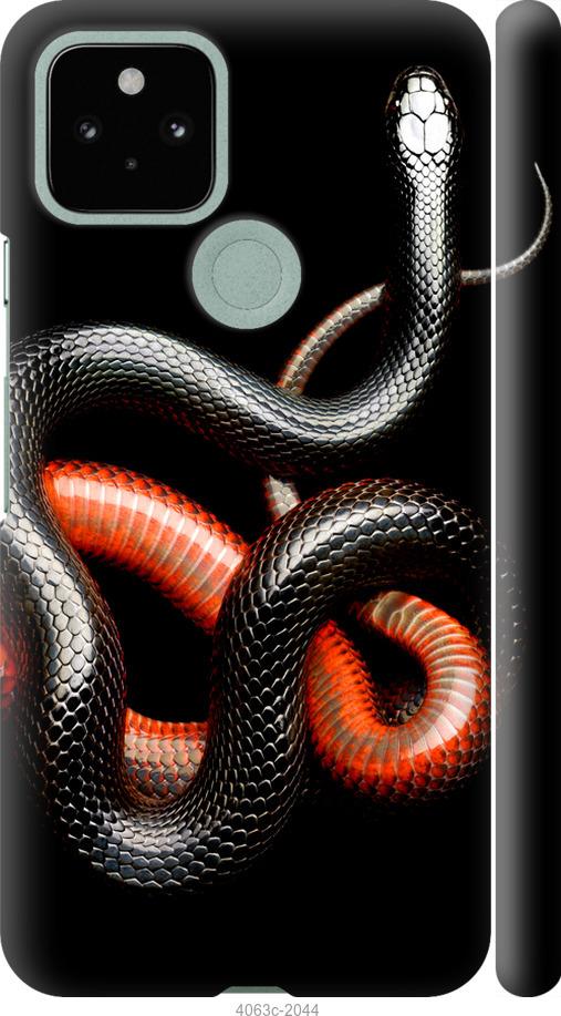 Чехол на Google Pixel 5 Красно-черная змея на черном фоне