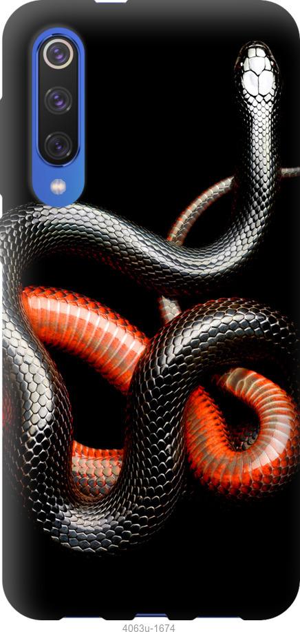 Чехол на Xiaomi Mi 9 SE Красно-черная змея на черном фоне