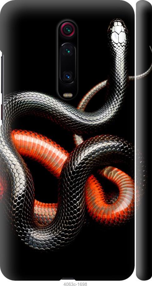 Чехол на Xiaomi Mi 9T Красно-черная змея на черном фоне