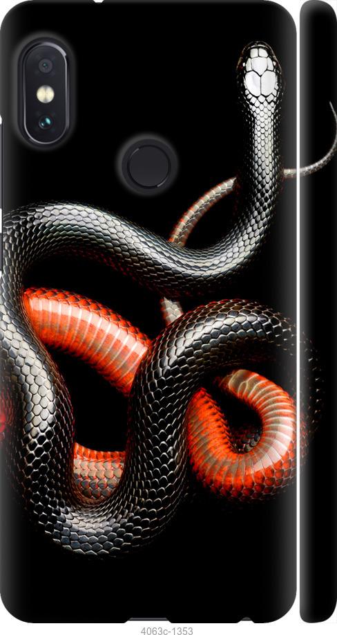 Чехол на Xiaomi Redmi Note 5 Pro Красно-черная змея на черном фоне
