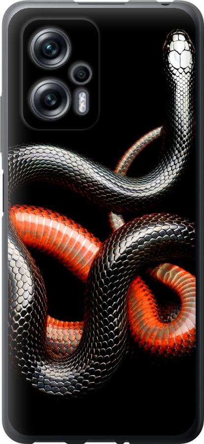 Чехол на Xiaomi Redmi Note 11T Pro Красно-черная змея на черном фоне