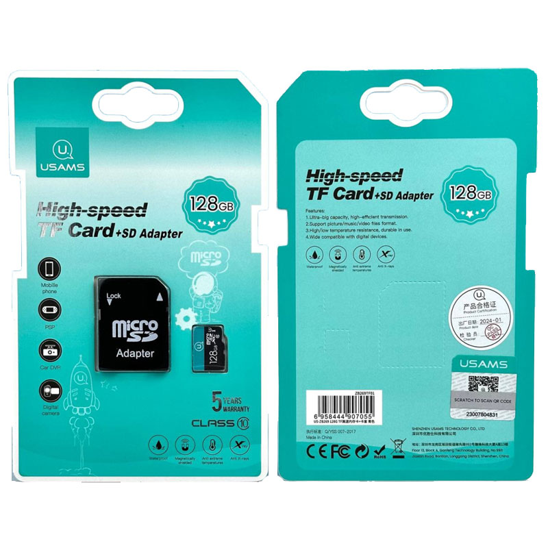 Карта памяти USAMS US-ZB269 TF High Speed Card 128 Gb + adapter (Green)