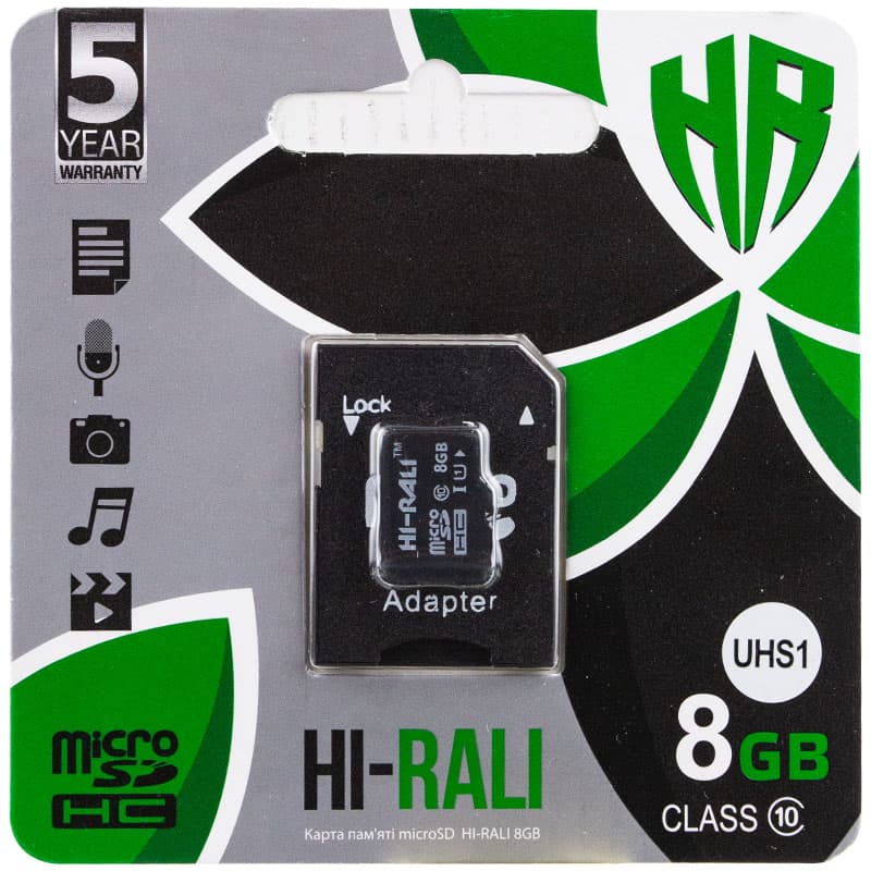 Карта памяти Hi-Rali microSDHC (UHS-1) 8 GB Card Class 10 + SD adapter (Черный)