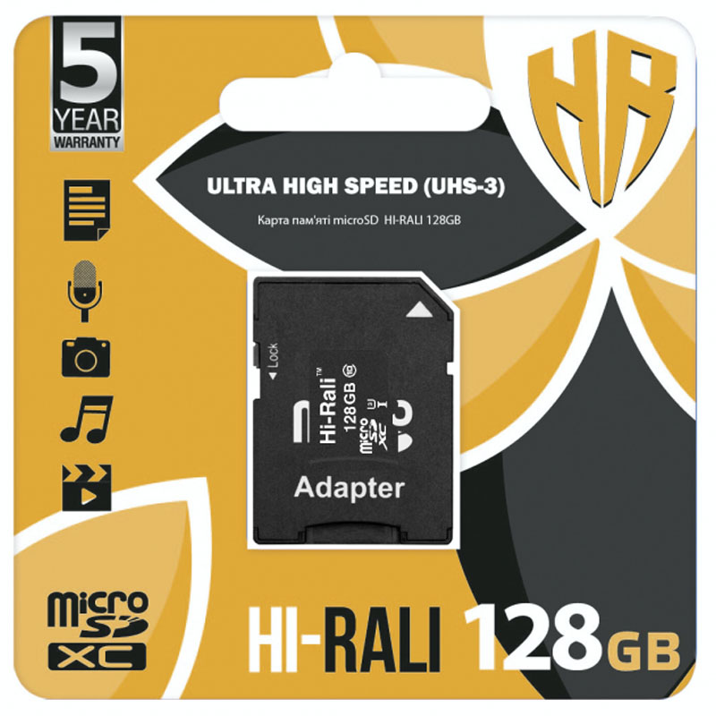Карта пам'яті Hi-Rali microSDXC (UHS-3) 128 GB Card Class 10 з адаптером (Чорний)