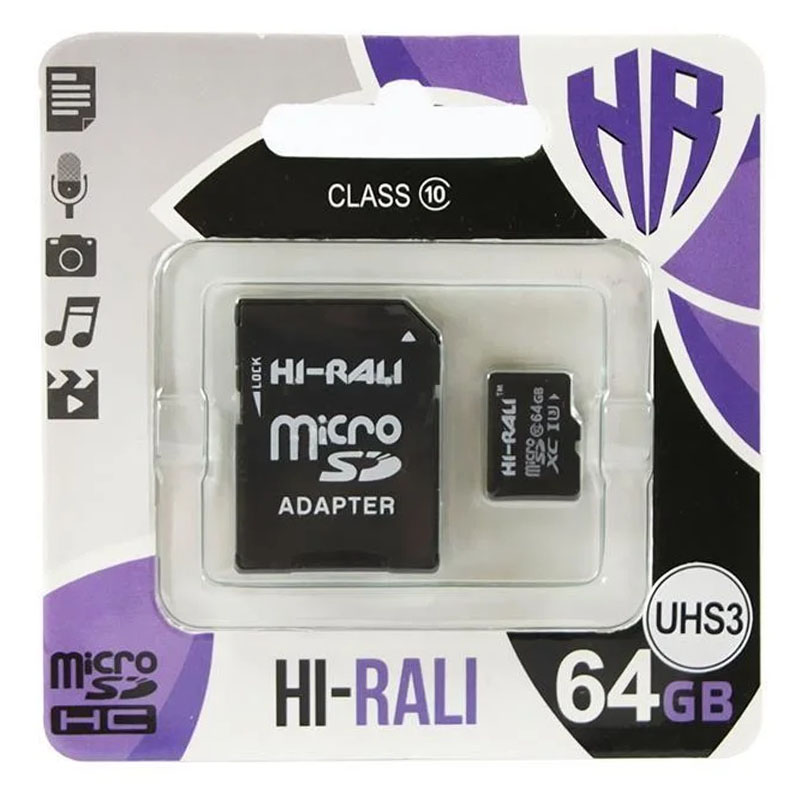 Карта памяти Hi-Rali microSDXC (UHS-3) 64 GB Card Class 10 с адаптером (Черный)