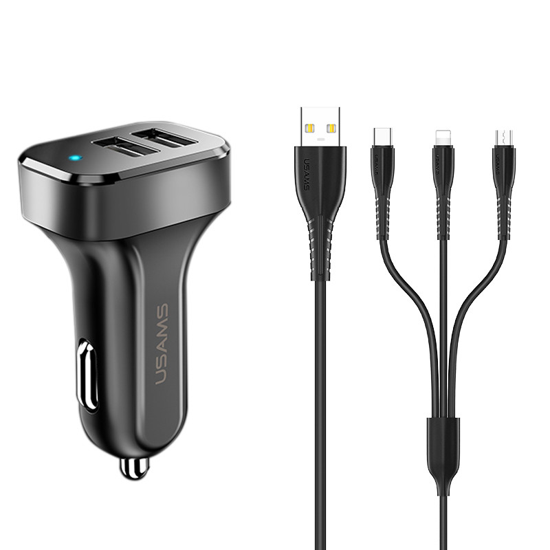 АЗП комплект USAMS U35 3IN1 Charging Cable 1M + C13 2.1A Dual USB Car Charger (Чорний)
