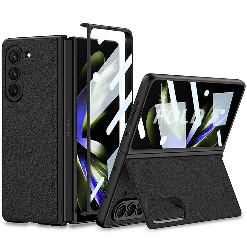Кожаный чехол GKK 360 + Glass с подставкой для Samsung Galaxy Z Fold5 (Black)