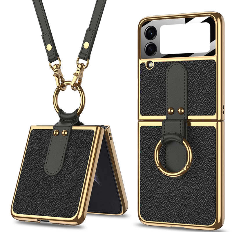 Кожаный чехол GKK with ring and strap для Samsung Galaxy Z Flip4 (Black)