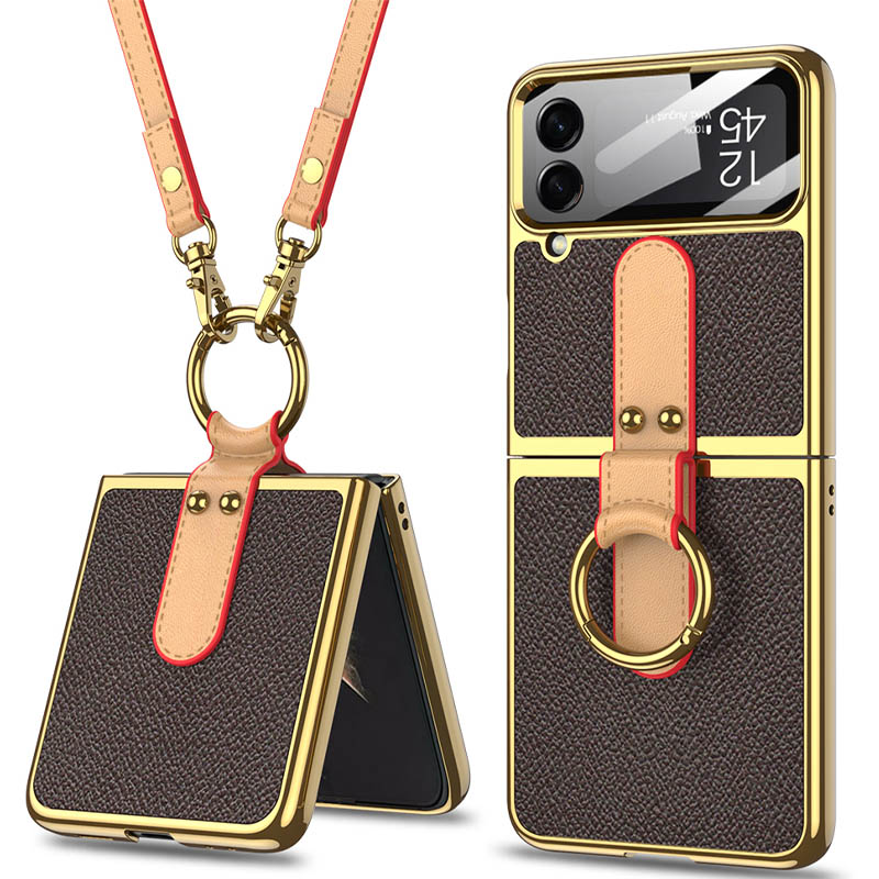 Кожаный чехол GKK with ring and strap для Samsung Galaxy Z Flip4 (Brown)