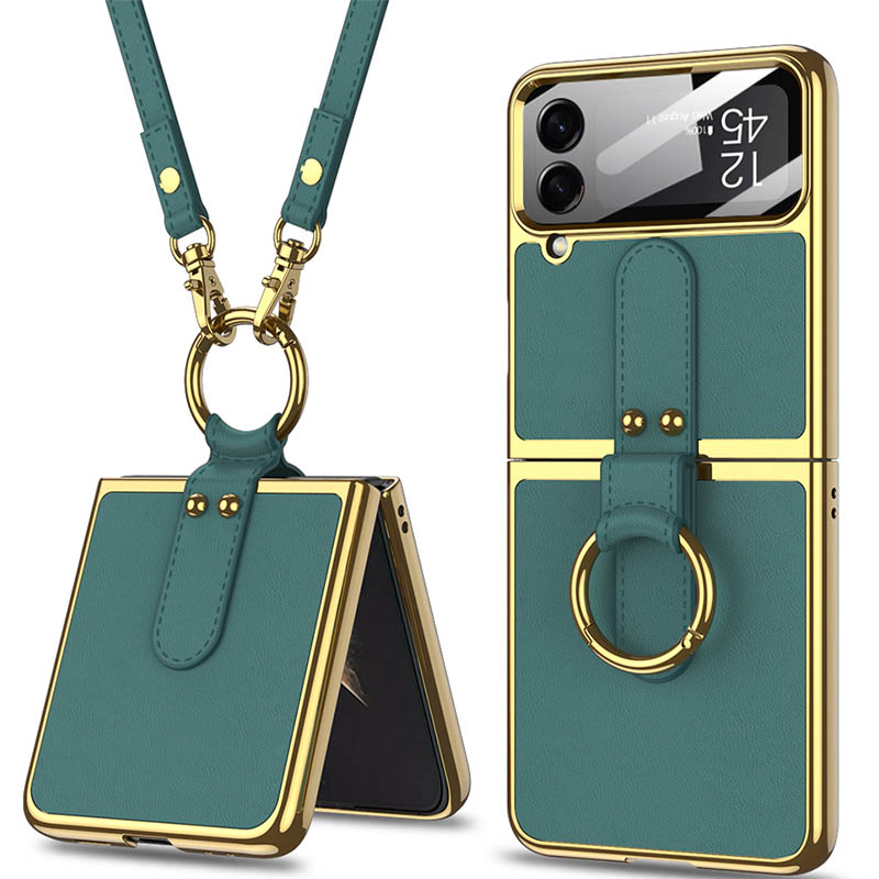 Кожаный чехол GKK with ring and strap для Samsung Galaxy Z Flip4 (Forest Green)