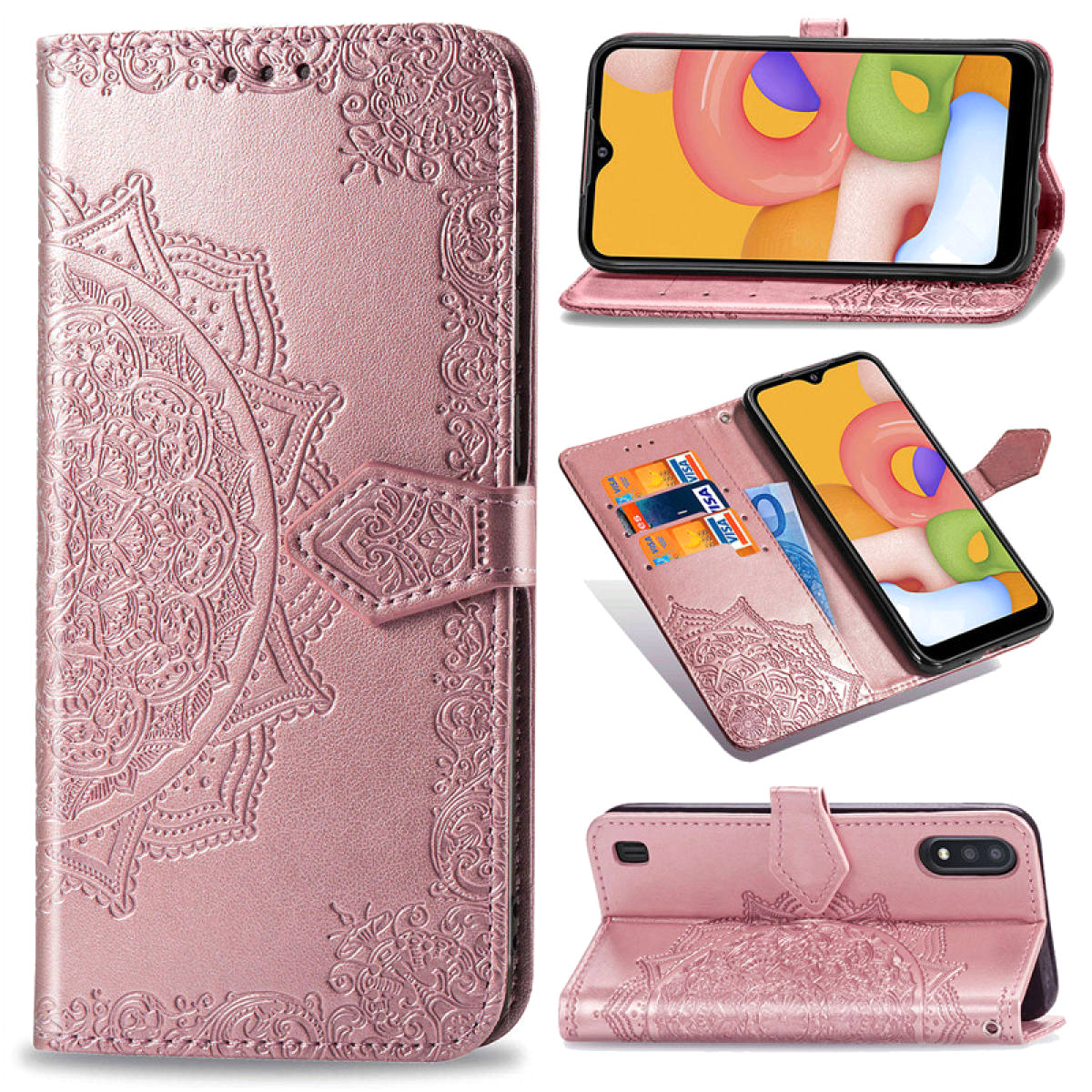 Кожаный чехол (книжка) Art Case с визитницей для Samsung Galaxy A01 (Розовый)
