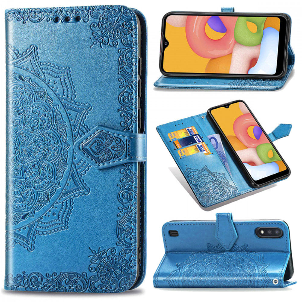 Кожаный чехол (книжка) Art Case с визитницей для Samsung Galaxy A01 (Синий)