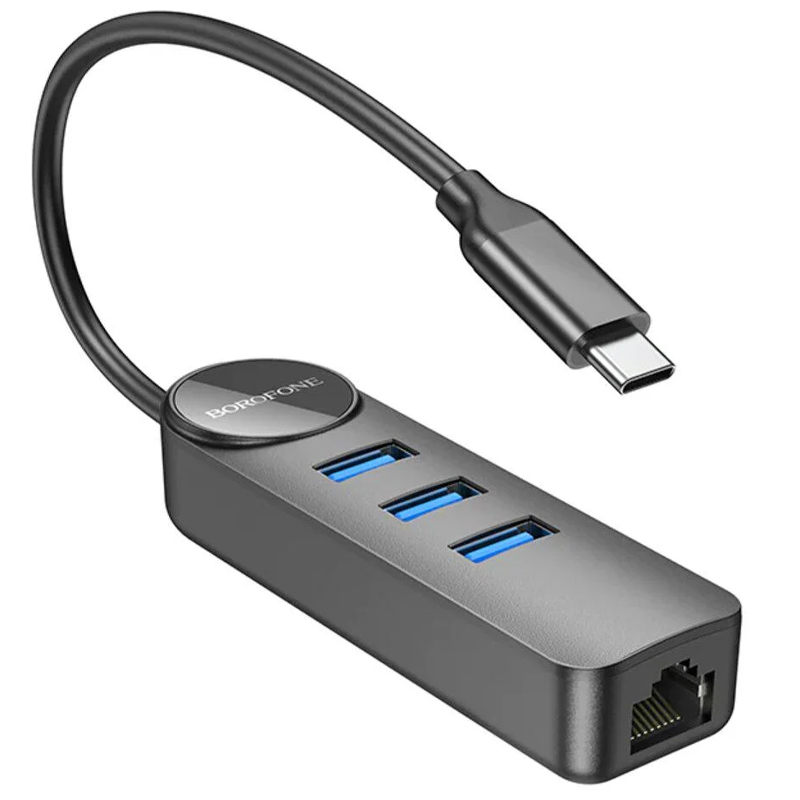 Переходник Borofone DH6 Erudite 4in1 Gigabit Ethernet (Type-C to USB3.0*3+RJ45) (0.2m) (Black)