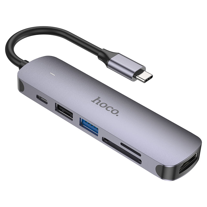 Переходник Hoco HB28 Multi-function 6in1 (Type-C to HDTV+USB3.0+USB2.0+SD+TF+PD) (Metal gray)