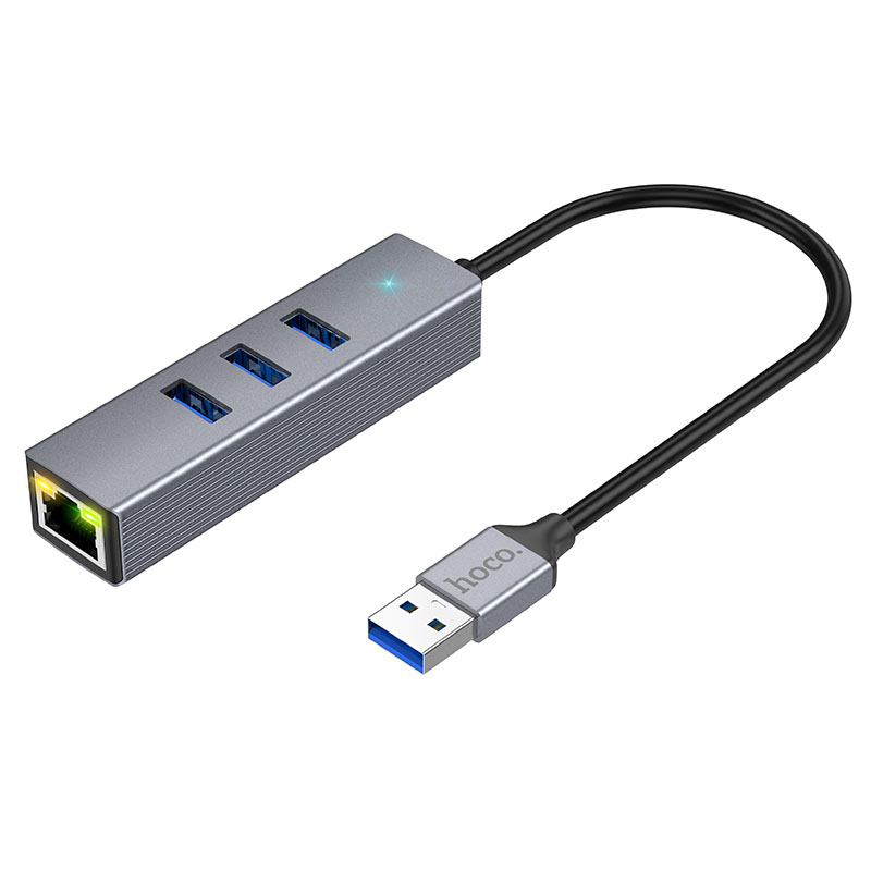 Переходник HUB Hoco HB34 Easy link USB Gigabit Ethernet adapter (USB to USB3.0*3+RJ45) (Metal gray)