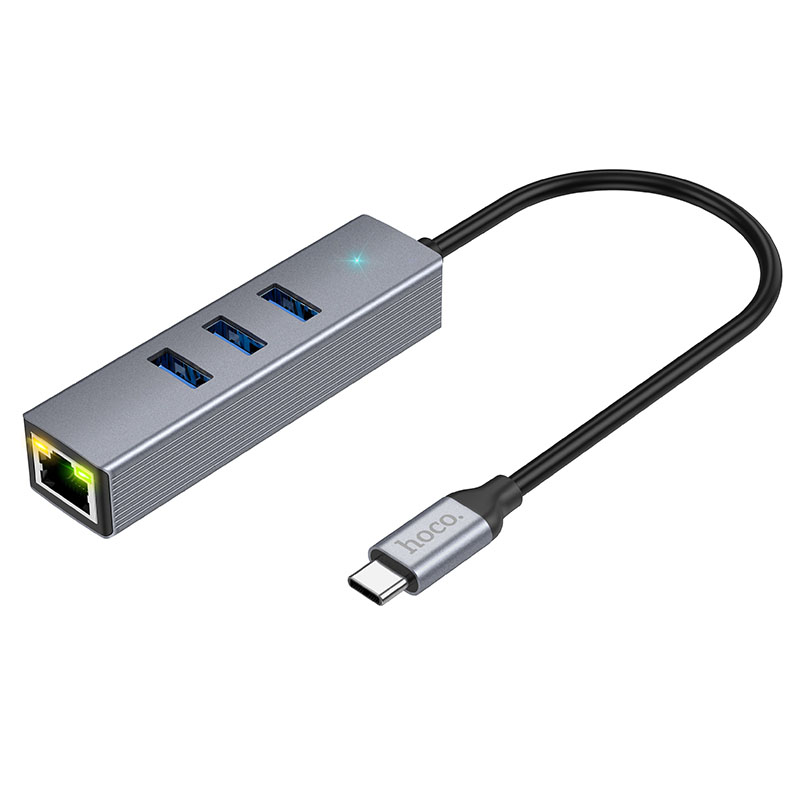 Переходник HUB Hoco HB34 Easy link Type-C Gigabit network adapter (Type-C to USB3.0*3+RJ45) (Metal gray)