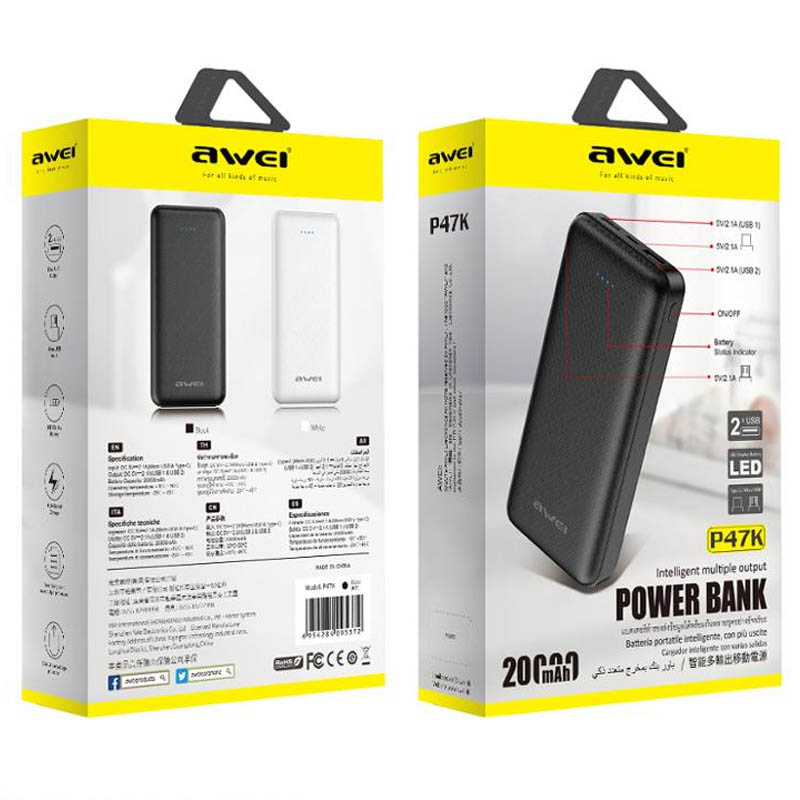 Купить Портативное зарядное устройство Awei P47K 20000mAh Черный на onecase.com.ua
