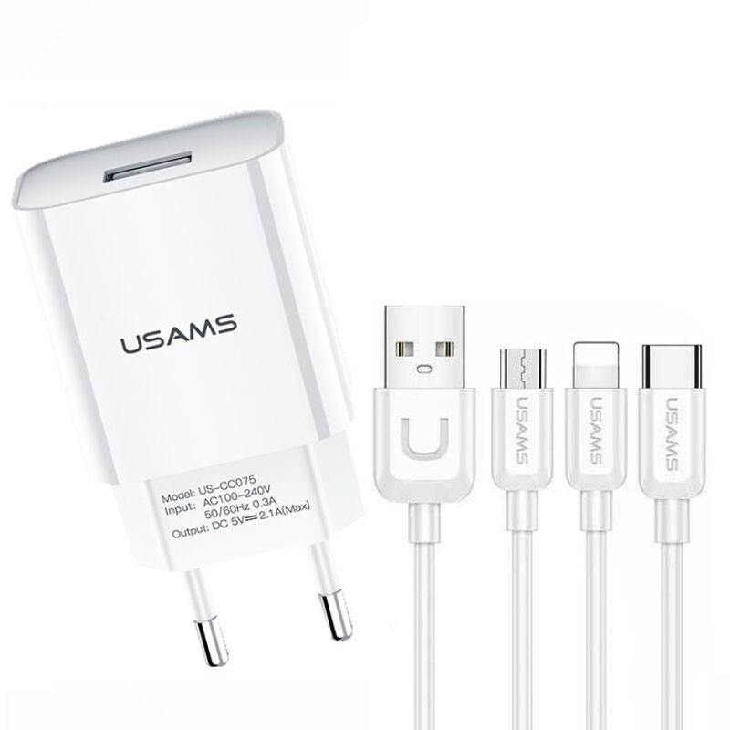 Фото СЗУ USAMS-LT T18 Single USB Travel Charger (EU) +3IN1 Charging Cable-U Turn Series на onecase.com.ua