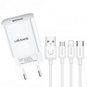 СЗУ USAMS-LT T18 Single USB Travel Charger (EU) +3IN1 Charging Cable-U Turn Series