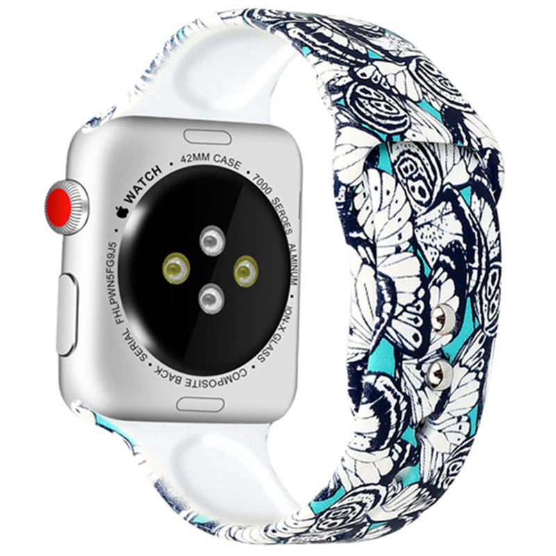 Силиконовый ремешок с рисунком для Apple watch 42mm / 44mm (Синий/Бабочки)