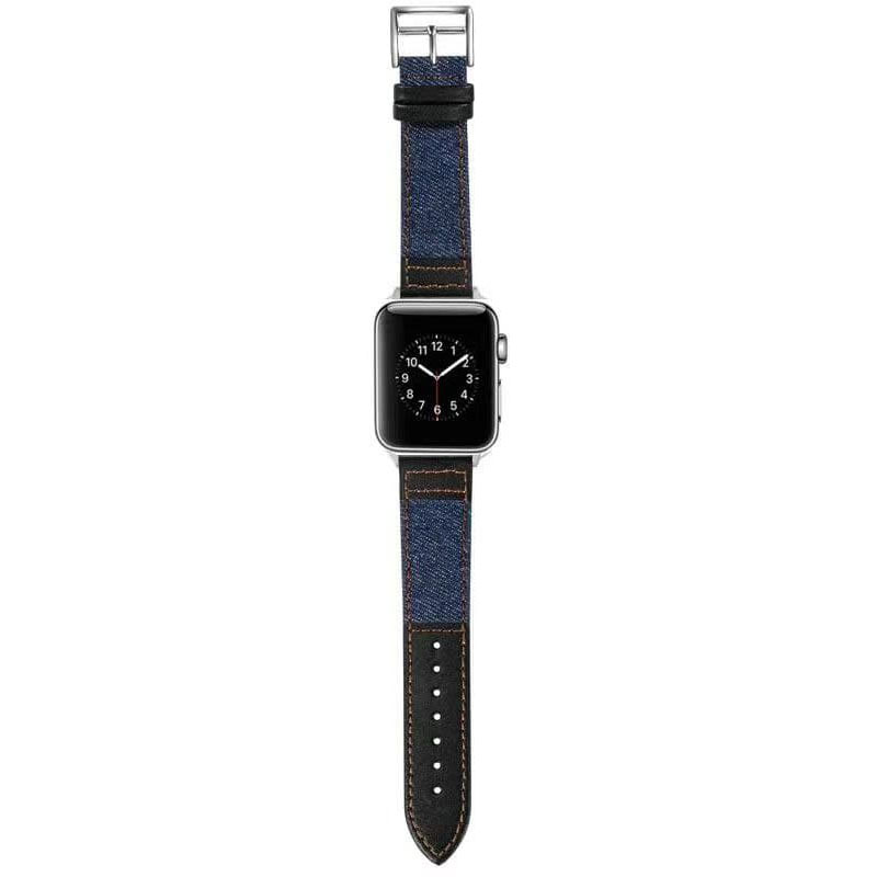 Ремешок джинс+кожа для Apple Watch 38/40mm (Синий / Черный)