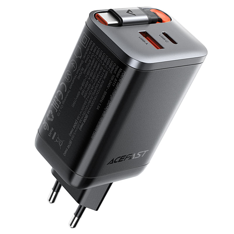 СЗУ Acefast A111 GaN With Retractable Cable Type-C PD67W (1USB-A/1C) (Black)