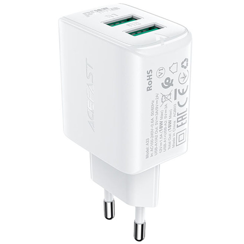 СЗУ Acefast A33 QC18W (USB-A+USB-A) dual port (White)